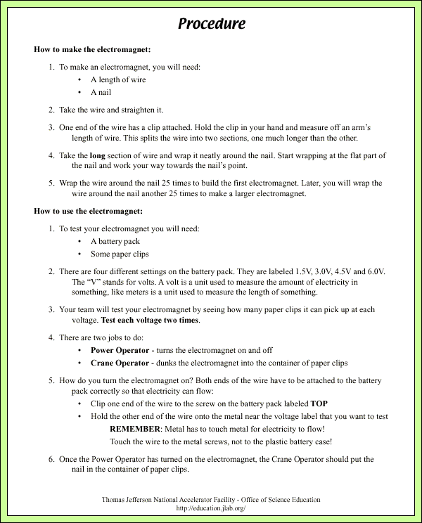 Magnets and Electromagnets - Lab Pages - Procedure