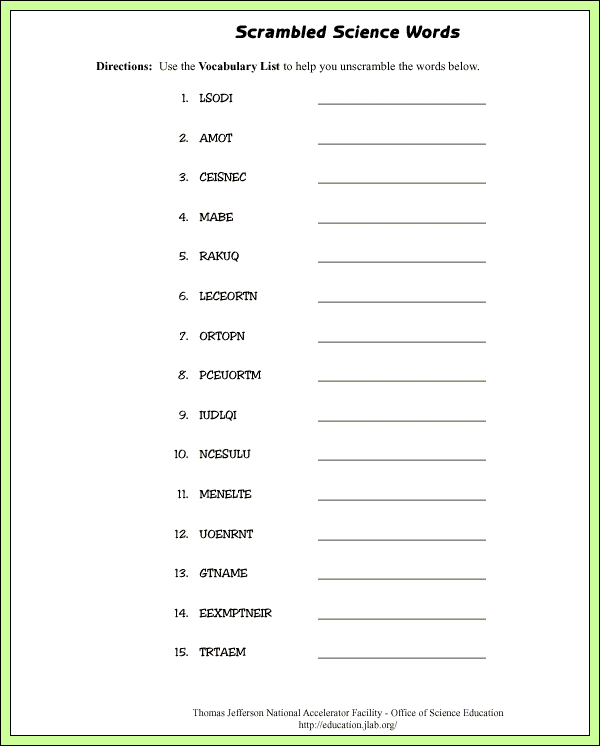 Scrambled Science Words - Lab Page - Puzzle