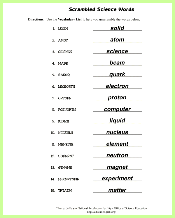 Scrambled Science Words - Sample Answers/Answer Key - Answer Key