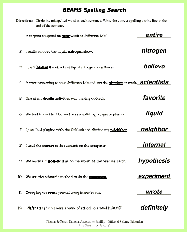 BEAMS Spelling Search - Sample Answers/Answer Key - Answer Key