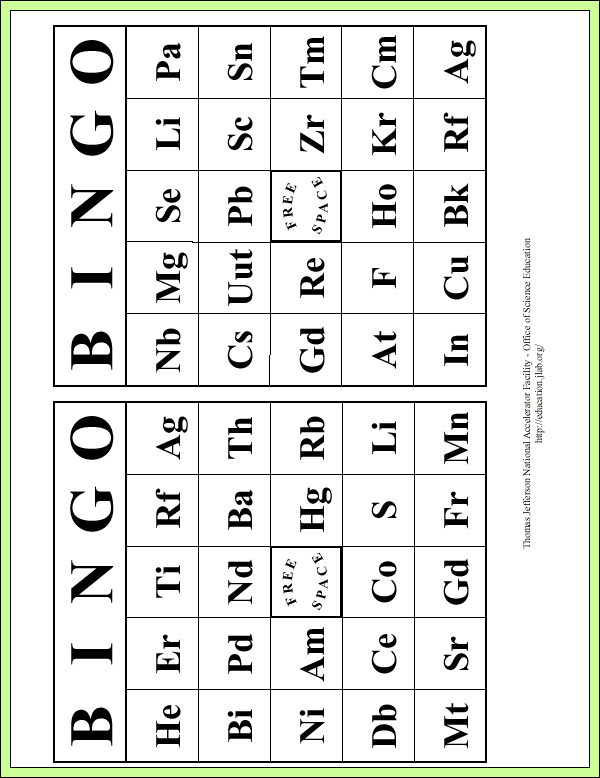 Element Bingo - Lab Page - BINGO Sheet