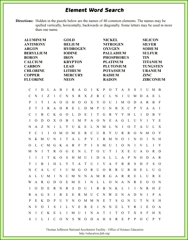 periodic table word search