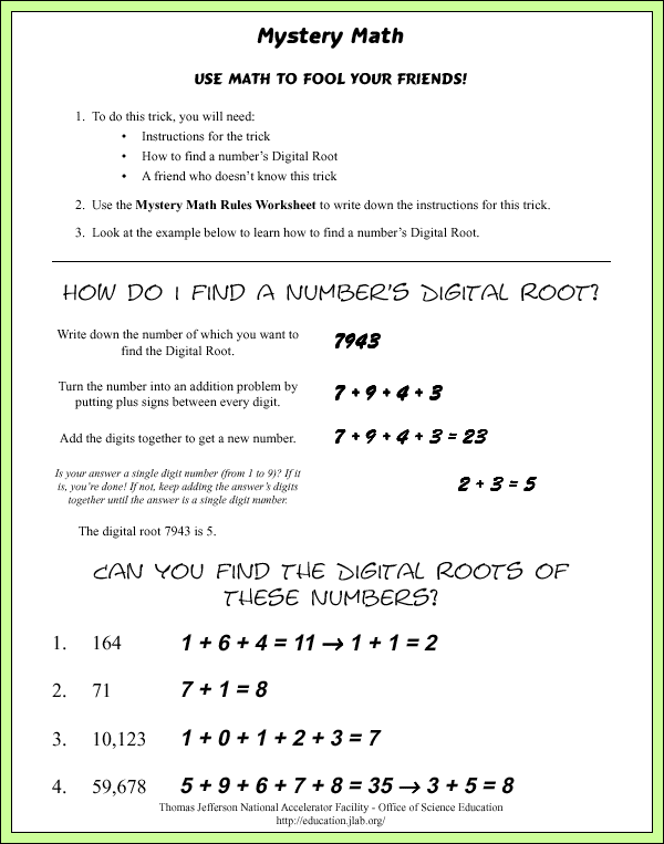 Mystery Math - Sample Answers/Answer Keys - Directions